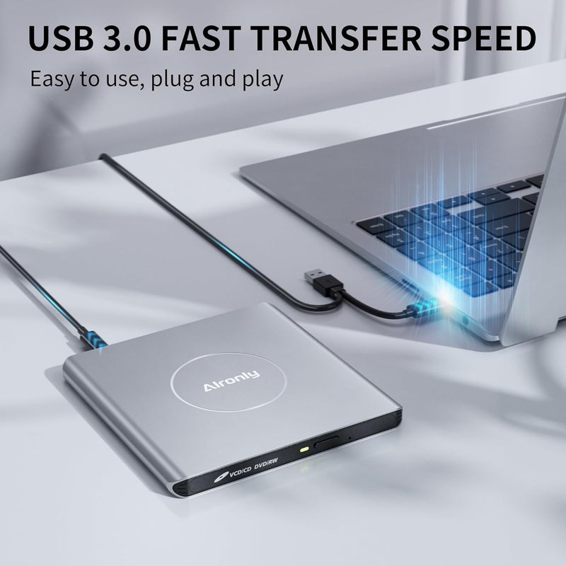 Alronly External CD/DVD Drive for Laptop/PC, USB 3.0 Type-C USB Portable Alloy Player for Computer CD DVD +/-RW Disk Drive CD Burner Writer Reader Compatible with Desktop Windows Apple Linux (F03) - Image 4